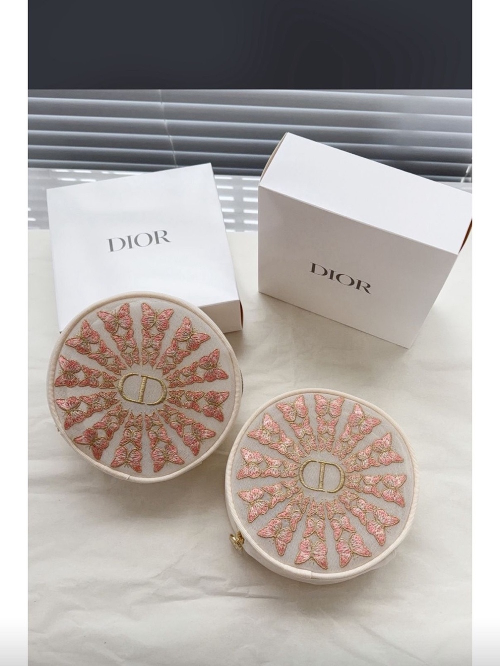 Dior Cream and Pink Embroidered Round Cosmetic Pouch